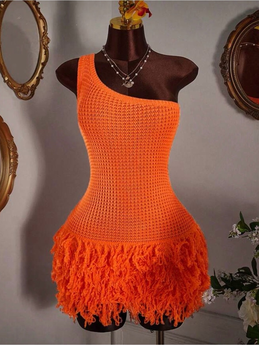 Orange Crochet Fringe One Shoulder Mini Dress Size M NWOT